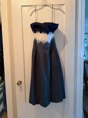 Strapless Navy, White and Green Midi Dress - Classic Tie-Dye Bodice